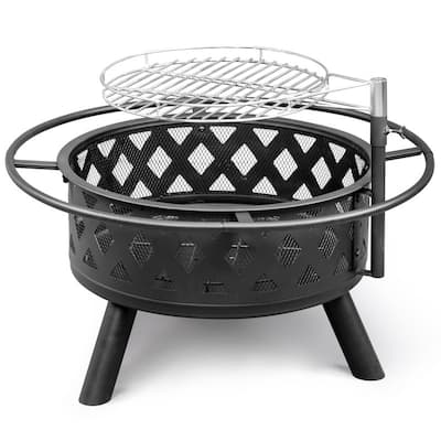 30"W x 20"H Round Iron Wood Burning Black Fire Pit Table with 16" Fire Poker