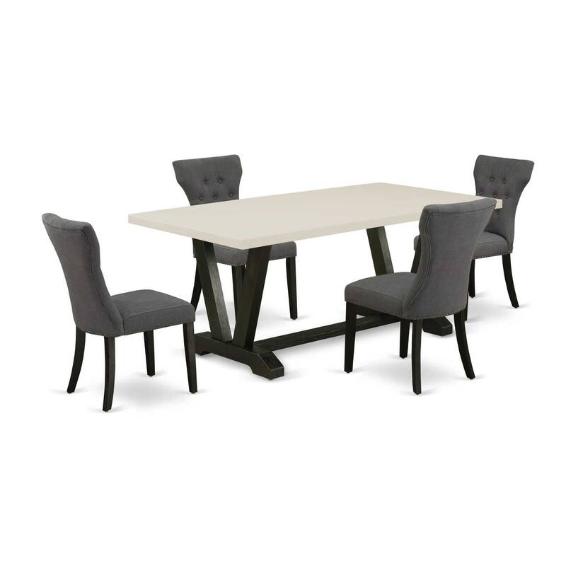 Farmhouse Dining Set - 5 Piece Table & Chair Set - Linen White Tabletop - Black Finish - 60