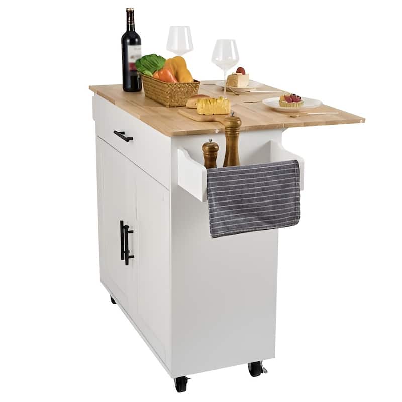 White Wood Kitchen Island Cart with Drop Leaf, Storage and Lockable Wheels - 35.4” L x 26.7” W x 35” H