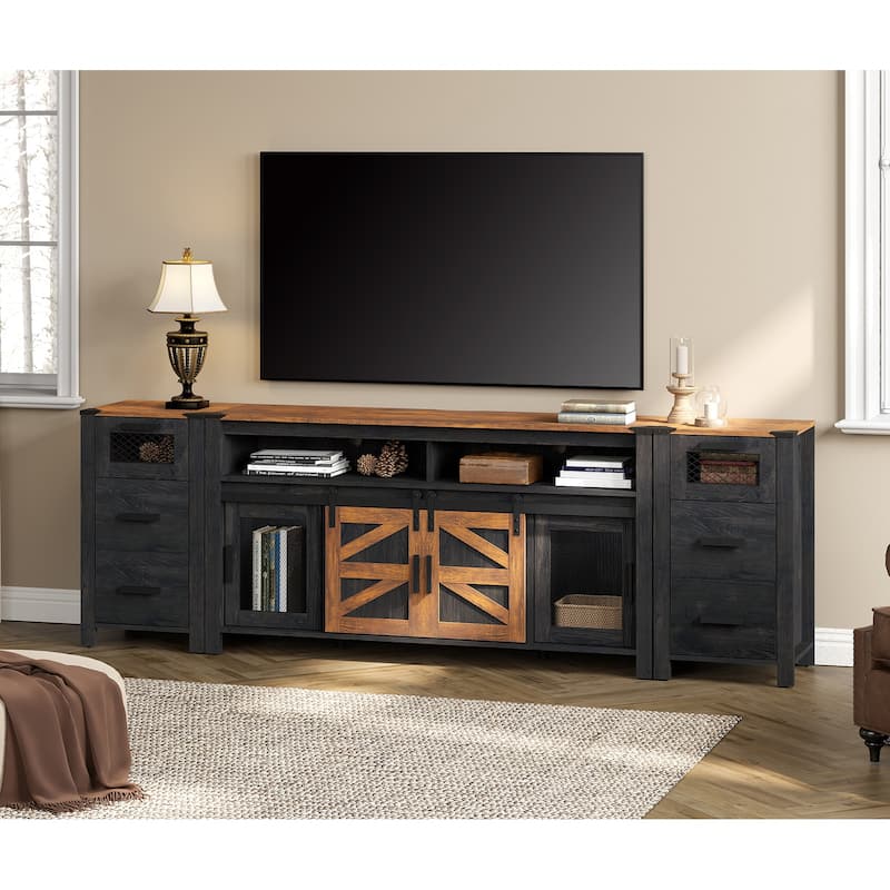 WAMPAT Drawer TV Stand set for ups to 85 inch TV with Sliding Barn Door - 1 Pack - Dark Walnut and Black