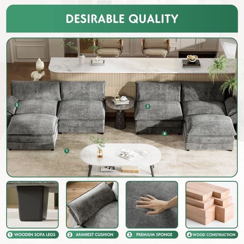 Furniwell 4 Seats U-Shaped Sectional Sofa with 2 Movable Ottomans Modern Fabric Convertible Modular Couch for Living Room