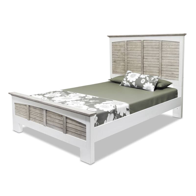 HomeRoots Gray Carved Geometric Distressed Solid Wood Queen Bed Frame