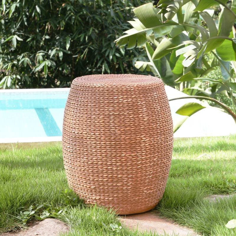 Roomfitters Nydia Outdoor Drum Shaped Side Table with Woven Straw Texture, Weather Resistant MGO, Brown
