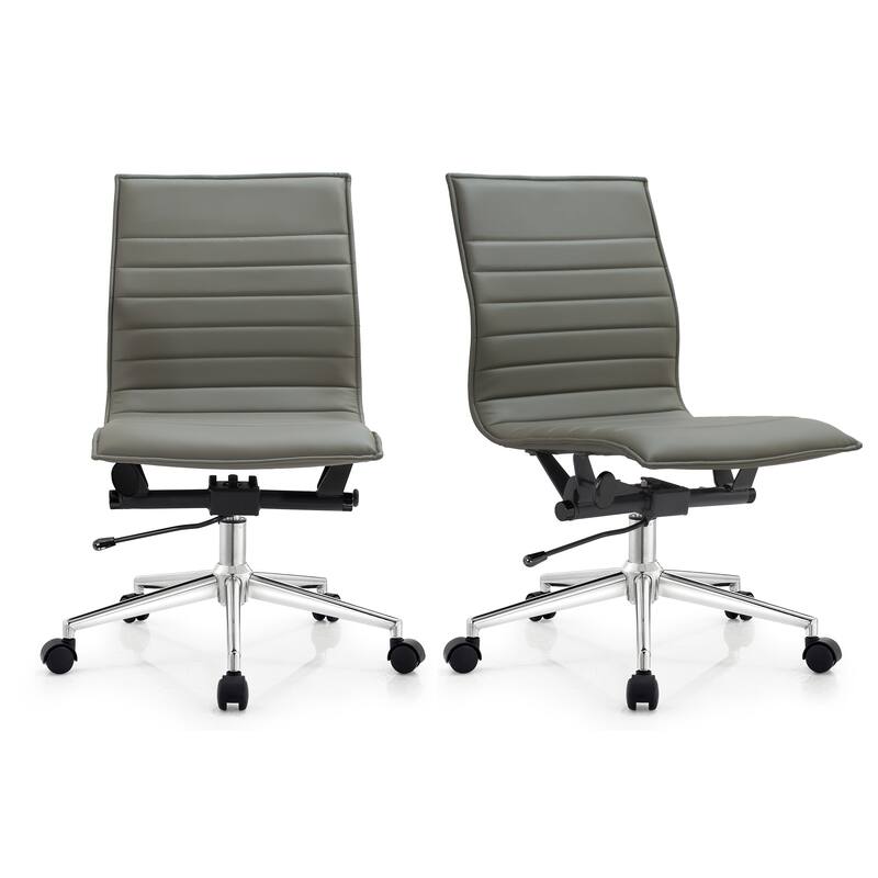 Set of 2 Modern Office Chairs, Upholstered PU Leather Ribbed Armless Mid Back with Metal Frame, Adjustable Height, Tilt - Grey