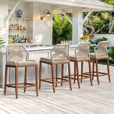 4 Set Modern Aluminum Twill Wicker Woven Outdoor Bar Stool Chair Set, Counter Height Stool with Back and Cushion - 40.6"H