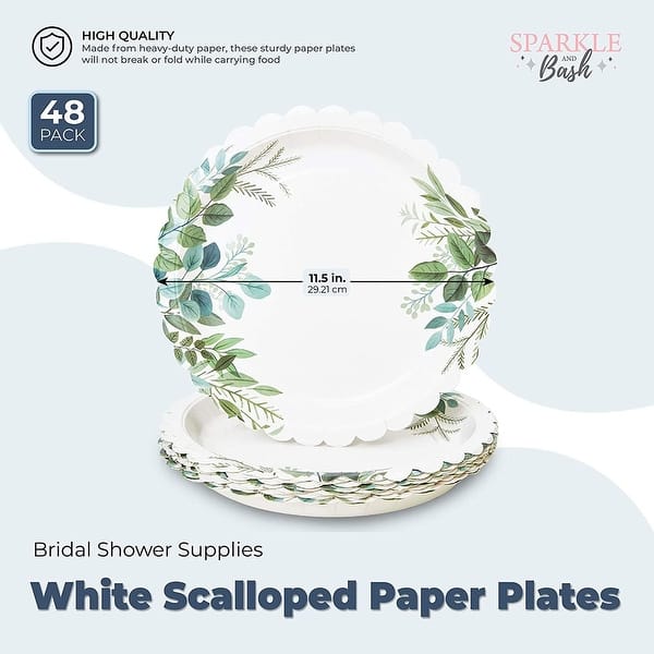 White Scalloped Paper Plates Wedding, Bridal Shower Supplies (11.5