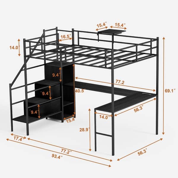 Full Size Metal Loft Bed with L-Shaped Desk, RGB LED Lighting, USB Charging Station, Wardrobe Cabinet, Drawers, Ladder
