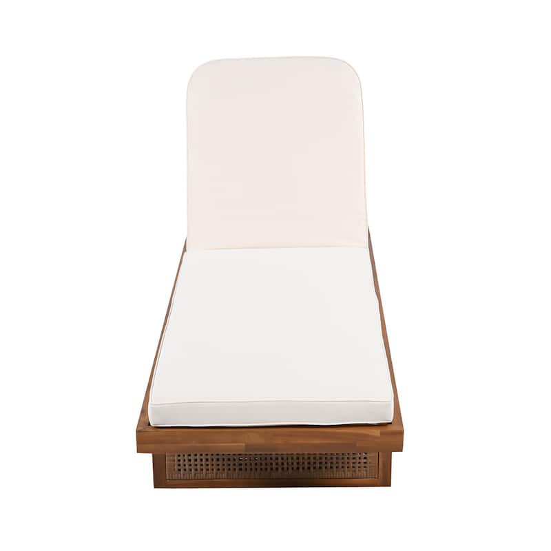 Outdoor Acacia Wood Lounge Chair with PE Rattan & White Cushion, Patio Garden Poolside Relax Chair