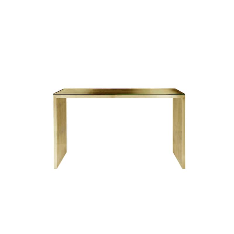 Meza 59 Inch Office Desk, Tempered Glass, Waterfall Design, Gold Steel
