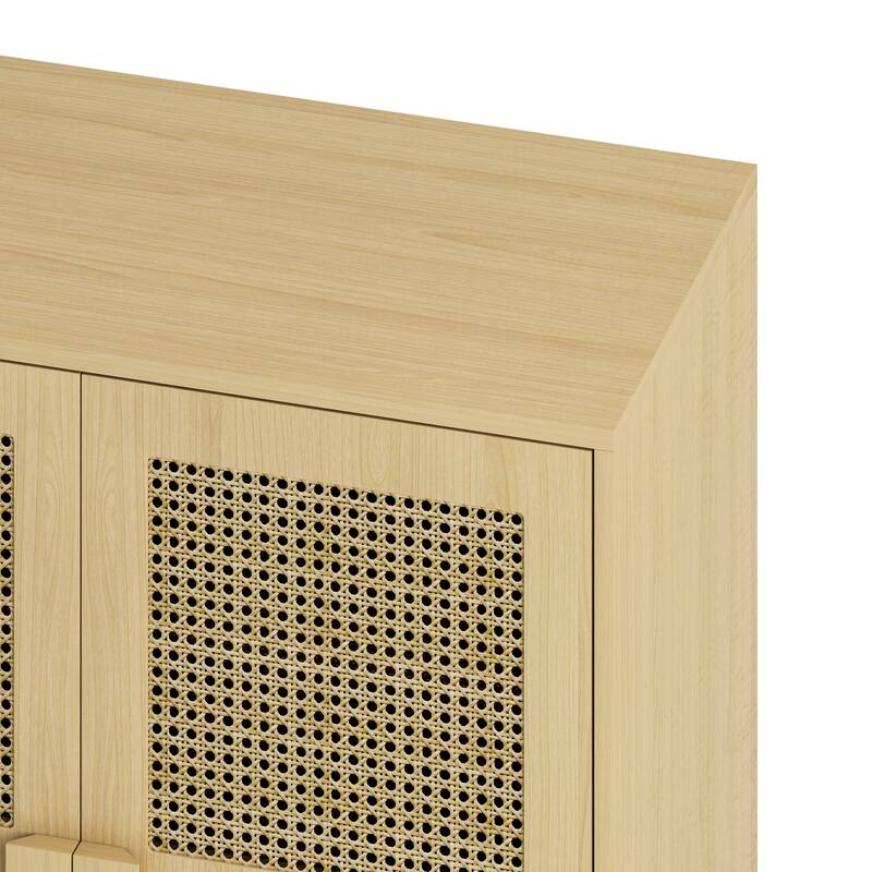 Modern Storage Cabinet with Adjustable Shelves and Four Rattan Mesh Decorative Doors