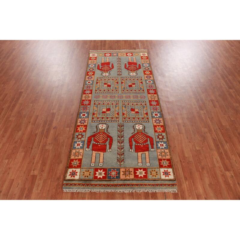 Hand Knotted Oriental 100% Wool Carpet Traditional Tribal Greys & Charcoal Heriz (serapi) Runner Rug - 9' 11'' X 4' 1''