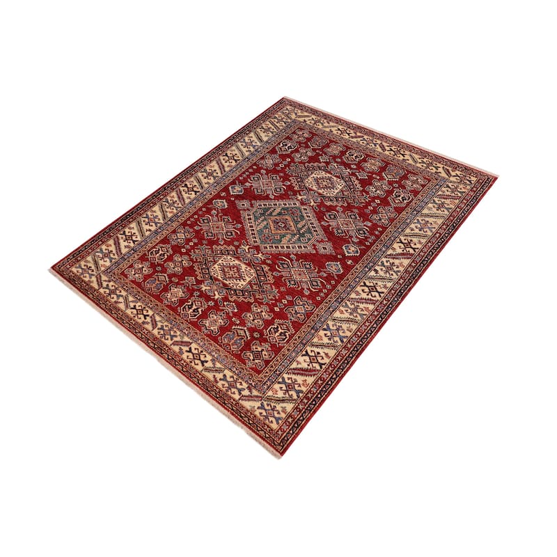 Rustic Super Kazak Indira Red/Beige Hand Knotted Wool Rug - 5'7'' x 8'8''