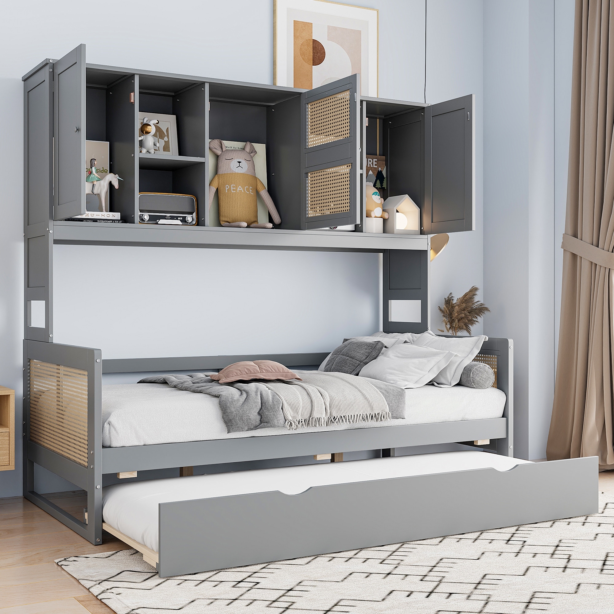Twin Size Wooden Daybed With Twin Size Trundle, And All-In-One Cabinet And Shelf, Gray