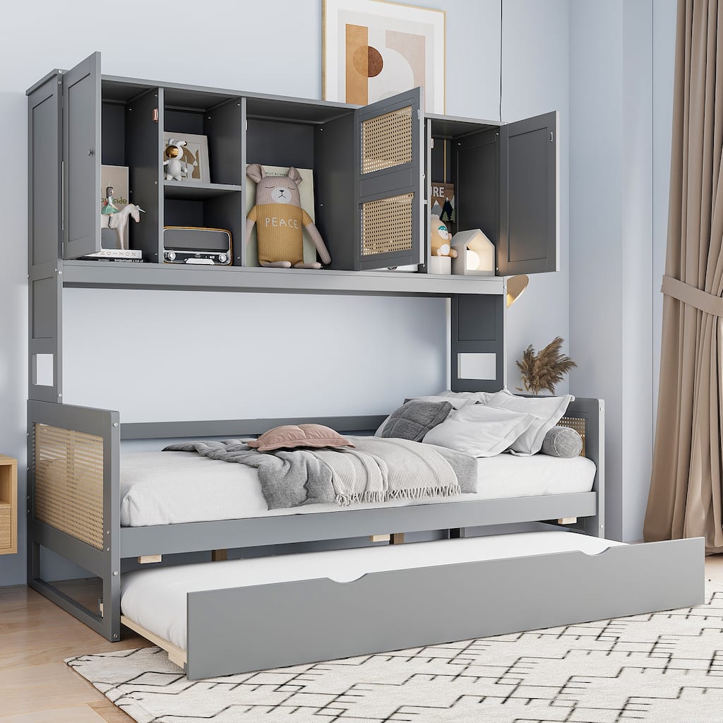 Twin Size Wooden Storage DayBed Modern Platfrom Bed Frame with Trundle