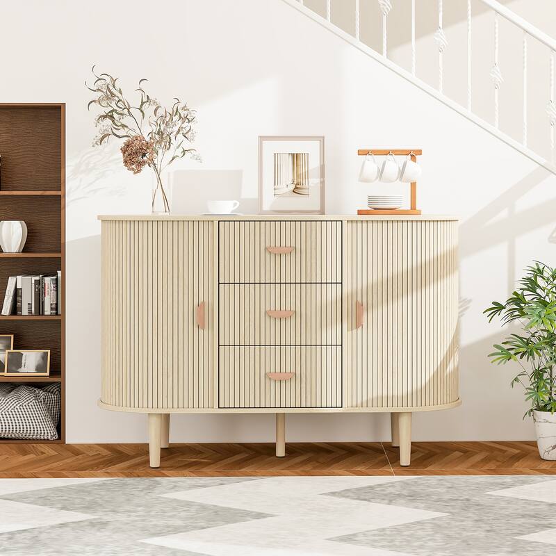55" Modern Wave-Pattern Sideboard Cabinet Sofa Table with 2 Drawers and 4 Doors, 3-Level Adjustable Shelves
