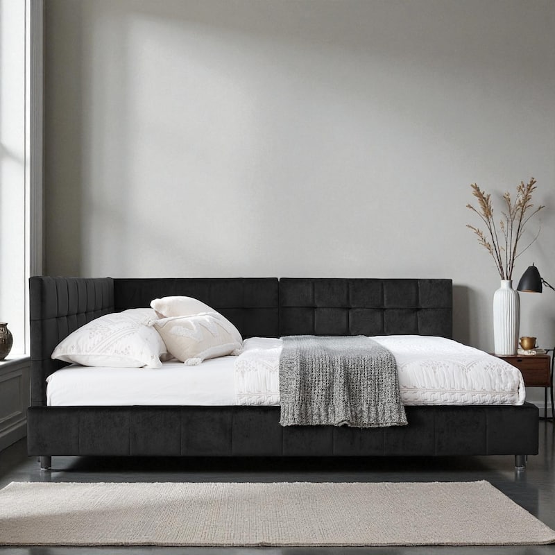 Full Size Velvet Upholstered Tufted Daybed Frame with Backrest and Armrest, Mid-Century Sofa Bed for Bedroom or Living Room