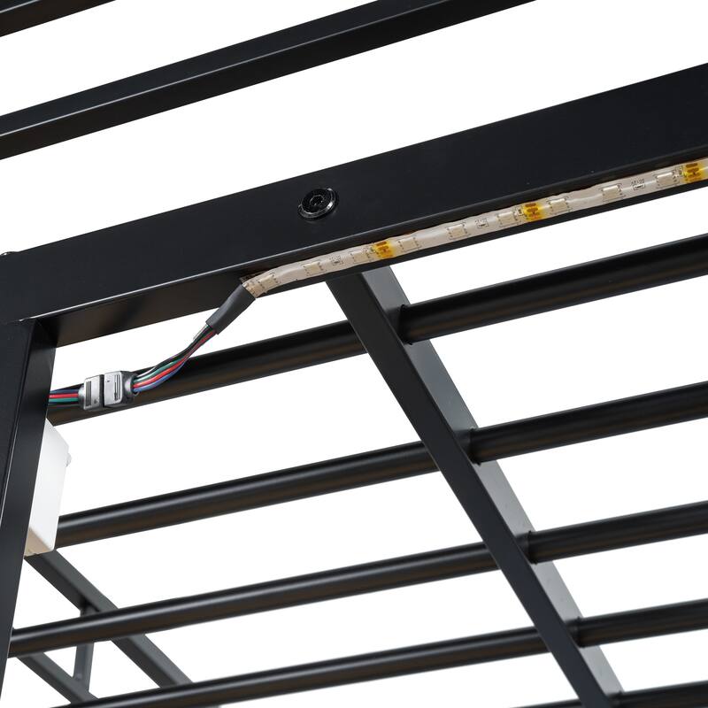 Full Size Metal Loft Bed with Workstation Desk, Built-In Shelves, LED Light Strip, Power Outlet & Hanging Wardrobe Storage