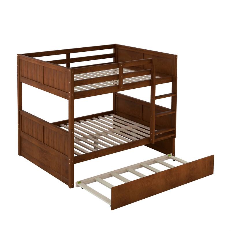 Full Over Full Bunk Bed with Twin Trundle, Walnut Finish, Convertible Design
