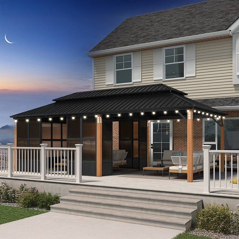 PURPLE LEAF Double Top Outdoor Sunroom All-Weather Screen House Patio Hardtop Gazebo - 12' x 24' - Black(With Ligths)