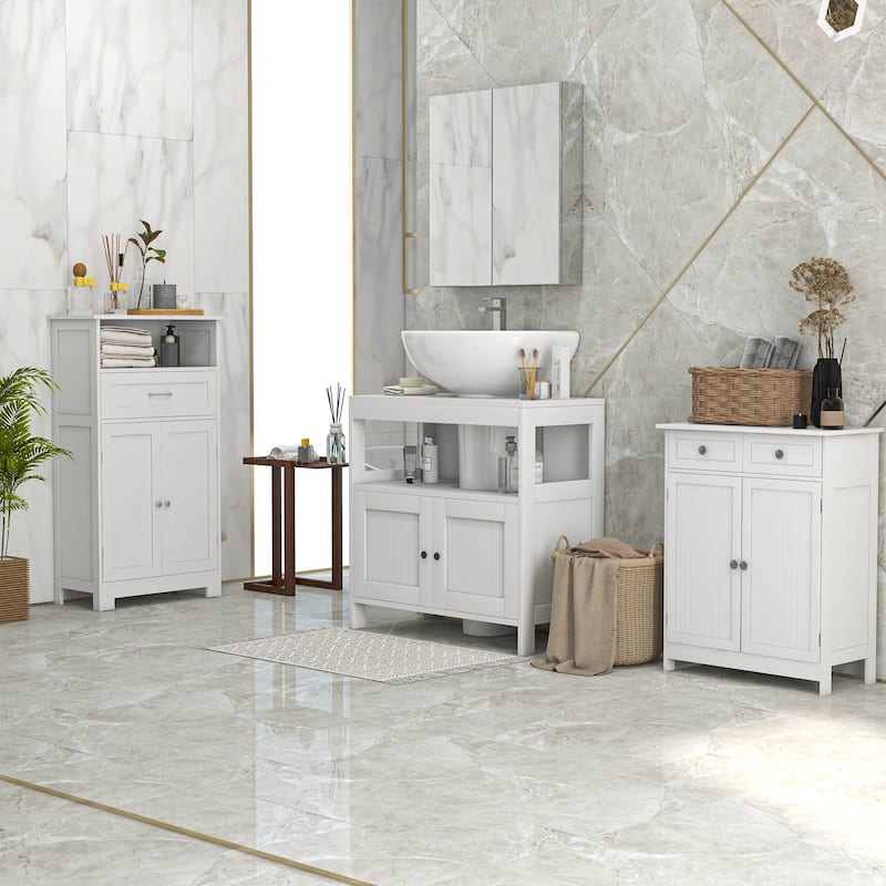 kleankin Pedestal Under Sink Cabinet with Double Doors, Modern Bathroom Vanity Storage Unit with Shelves, White