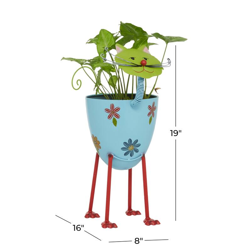 Metal Cat Indoor Outdoor Planter with Flower Pattern - Blue - Roche River Decor