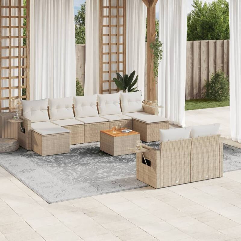 vidaXL Garden Sofa Set 10 Piece with Cushions Outdoor Sofa Set Poly Rattan - 24.4 x 24.4 x 27.2 in (W x L x H) - Beige and Cream