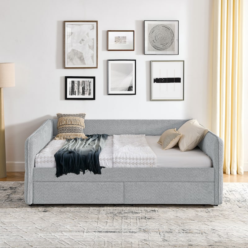 Roomfitters Queen Boucle Daybed with Trundle, Two Storage Drawers and Upholstered Sofa Bed Frame - Grey - Queen