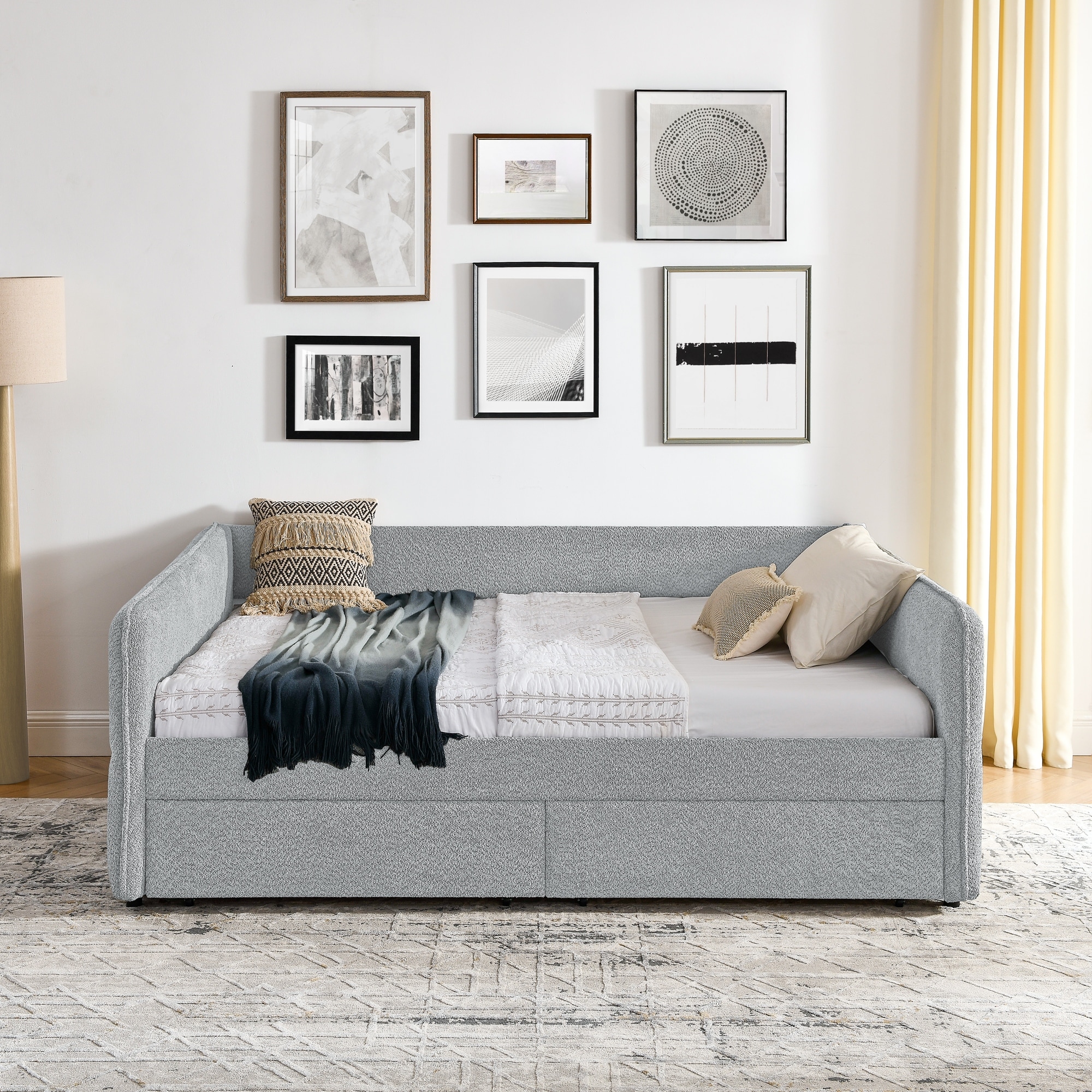 Roomfitters Queen Boucle Daybed with Trundle, Two Storage Drawers and Upholstered Sofa Bed Frame