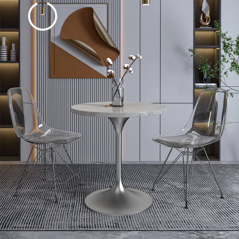 LeisureMod Verve 27" Round Dining Table with Stone TableTop and Brushed Chrome Base for Kitchen & Dining Room