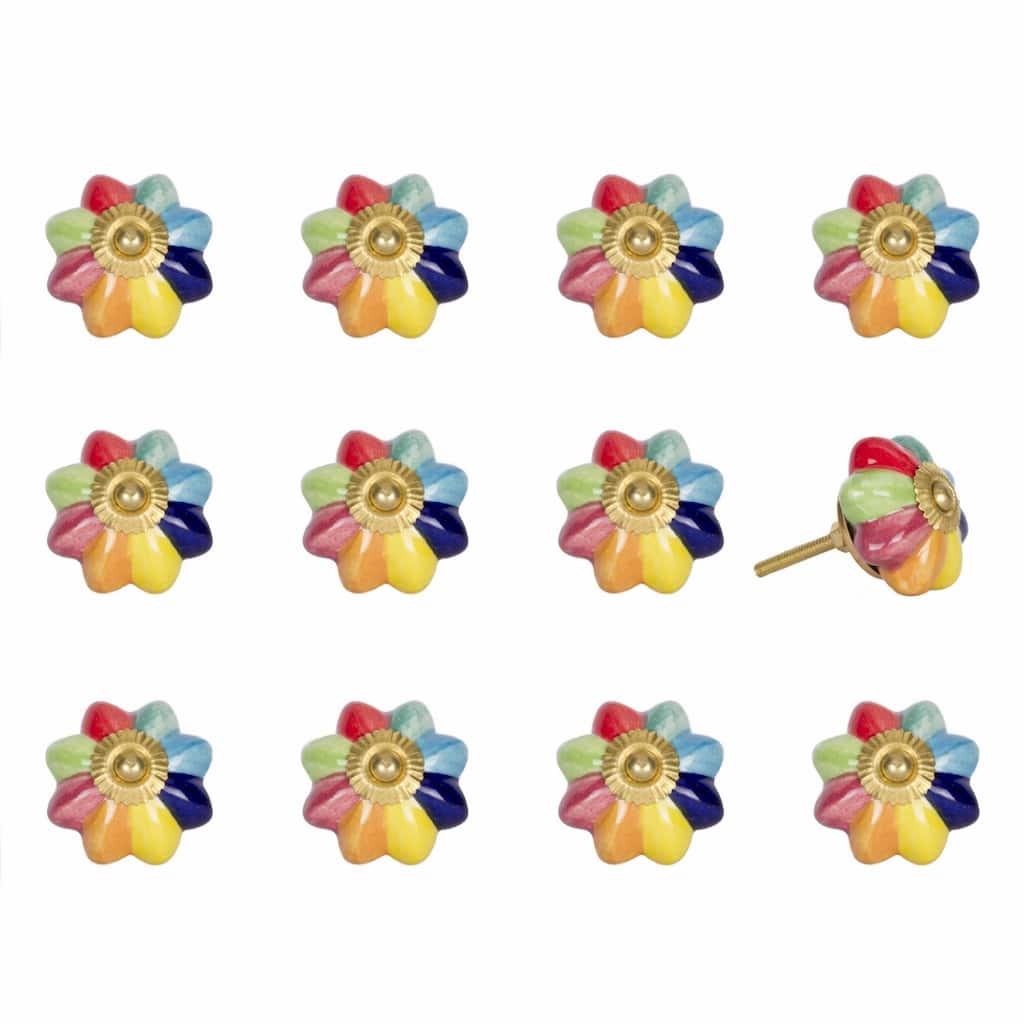 Set of 12 Multi-Color Ceramic Cabinet Knobs with Gold Finish and Screws Included for Doors Drawers Furniture