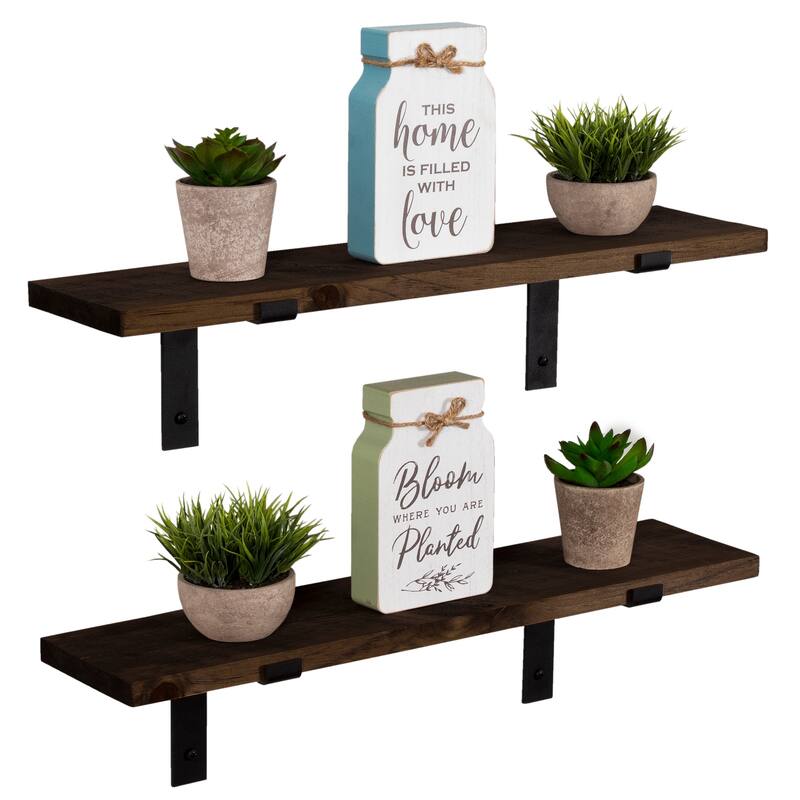 Handmade Rustic Wood Floating Shelves with L Brackets (Set of 2) - 15" x 5.5" - Dark Walnut