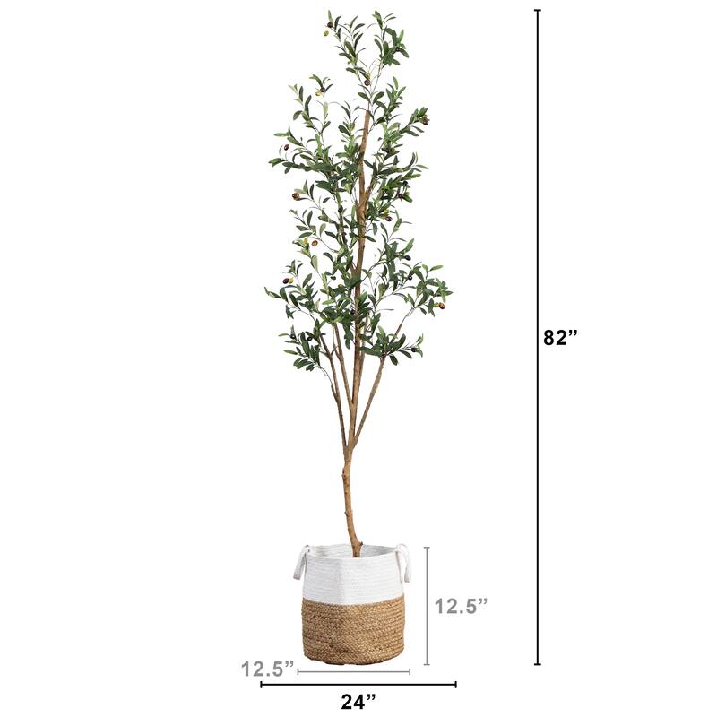 7' Artificial Olive Tree with Natural Trunk and Handmade Jute Basket - Green