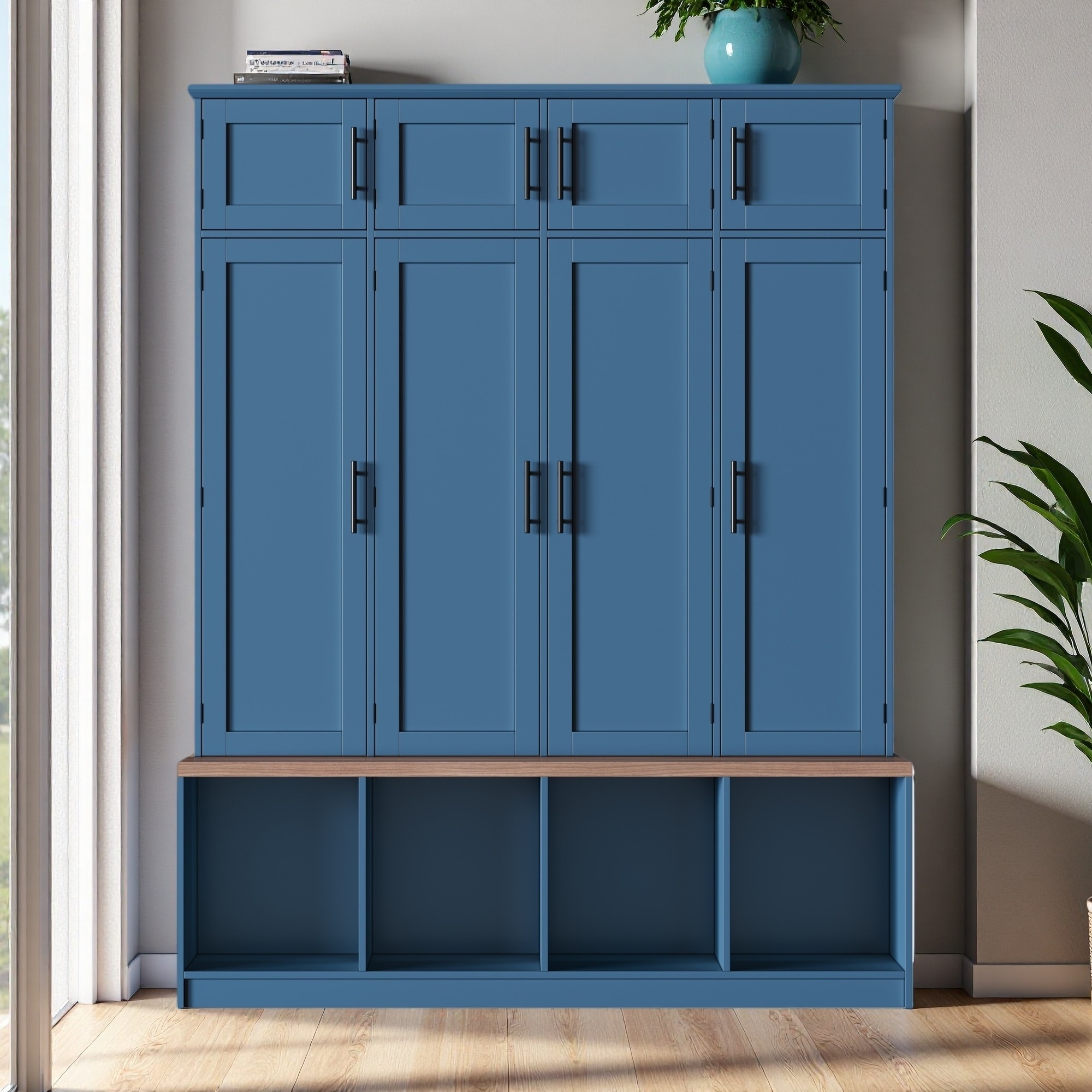 59"L Hall Tree Walnut Seat With MDF Frame 4 Hooks & 8 Cabinets - Multi-functional Storage Bench for Entryway, Living Room