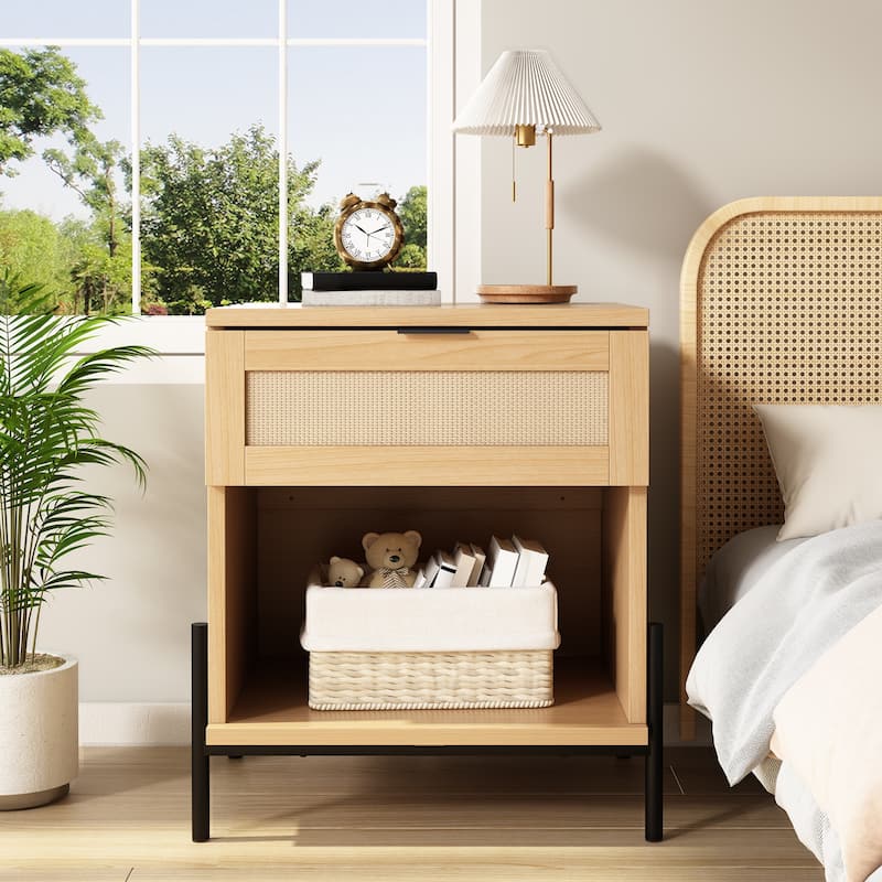 EROMMY Rattan Nightstand Set of 2, Boho Bedside Tables with Drawer and Open Shelf, 19.7" Wide End Tables for Bedroom