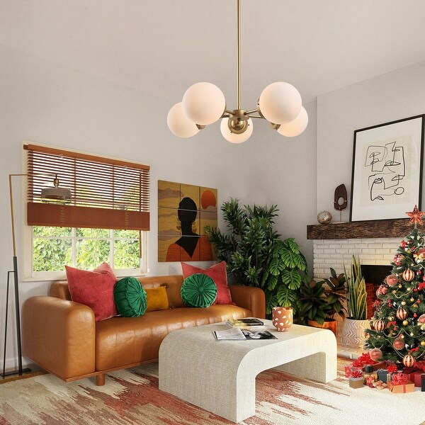 Cionar Mid century Modern 5 Light Sputnik Dining Room Chandelier Wheel Kitchen Pendant with Orb Frosted Glass D24 x H 69 On Sale Bed Bath Beyond 29911587