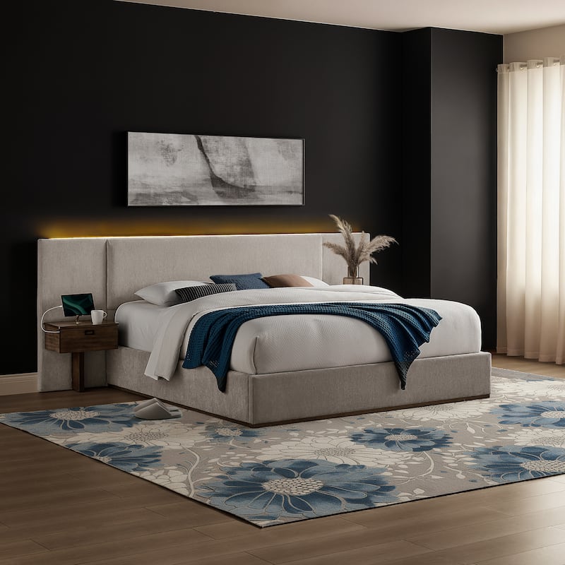 Danson Upholstered King Bed with Side Tables - Light Grey