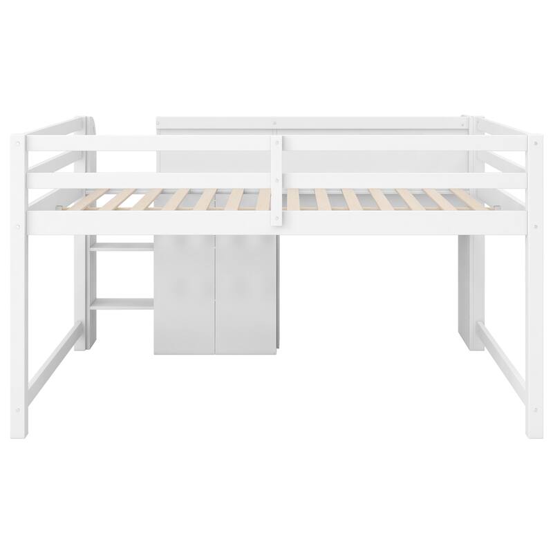 Roomfitters Full Low Loft Bed with Integrated Desk, Bookcase, Cabinets and Whiteboard, White