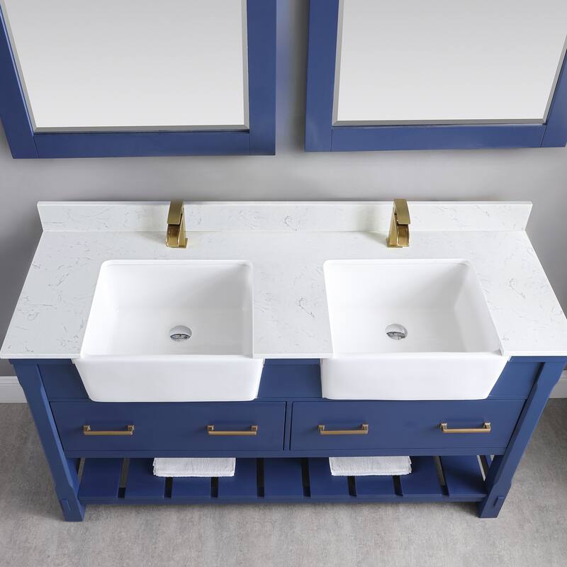 Altair Georgia Double Bathroom Vanity Set and Aosta White Stone Countertop with Farmhouse Basin with Mirror