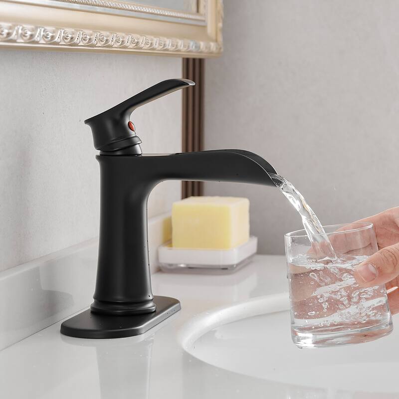Single-handle Bathroom Waterfall Sink Faucet with Drain and Deckplate - Matte Black