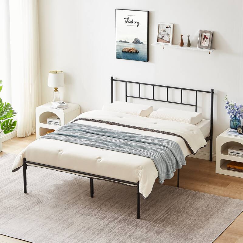 VECELO Victorian Style 14 Inch Metal Platform Bed Frame with Headboard, Heavy Duty Steel Slat Support, No Box Spring Needed