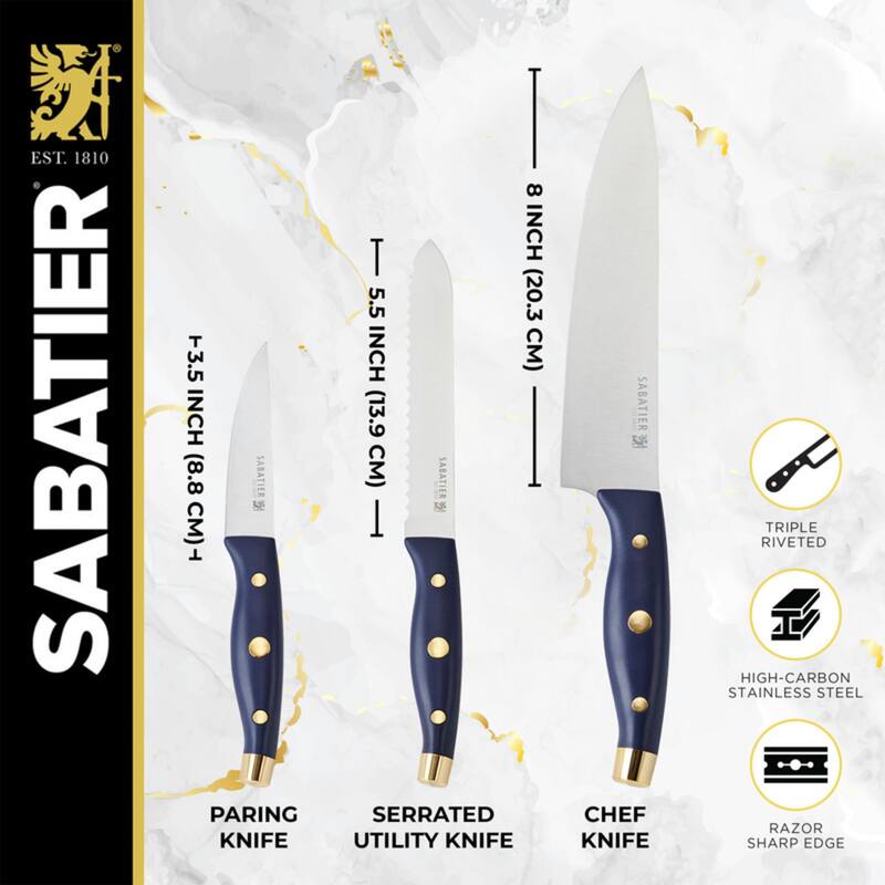 Sabatier 3 Piece Chef Set - 8" Chef, 5.5" Serrated Utility, 3.5" Paring