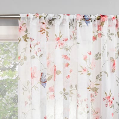 No. 918 Jocelyn Floral Print Crushed Voile Sheer Rod Pocket 1-Piece Curtain Panel, Single Panel