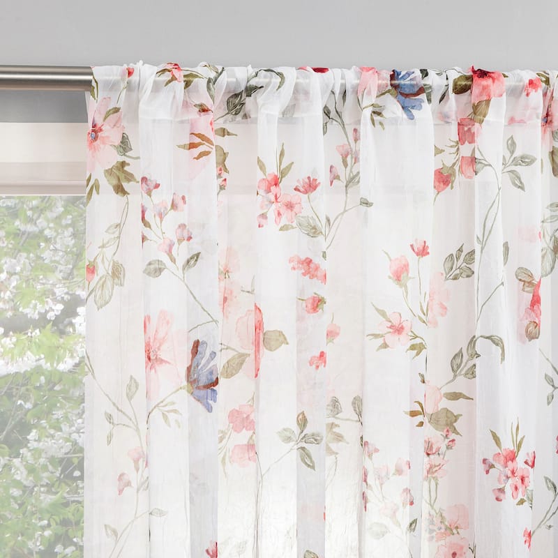 No. 918 Jocelyn Floral Print Crushed Voile Sheer Rod Pocket 1-Piece Curtain Panel, Single Panel - 51" x 63" - Coral