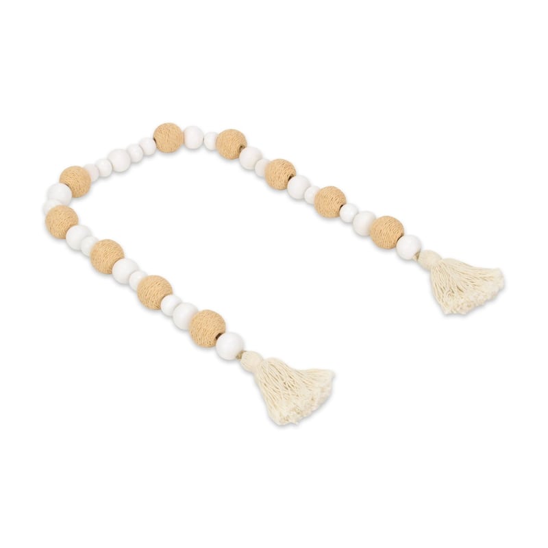 Kira White Wood and Brown Fabric Beaded Garland - N/A