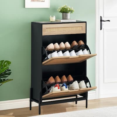 Rattan Shoe Cabinet with 2 Flip Drawers and 1 Small Drawer