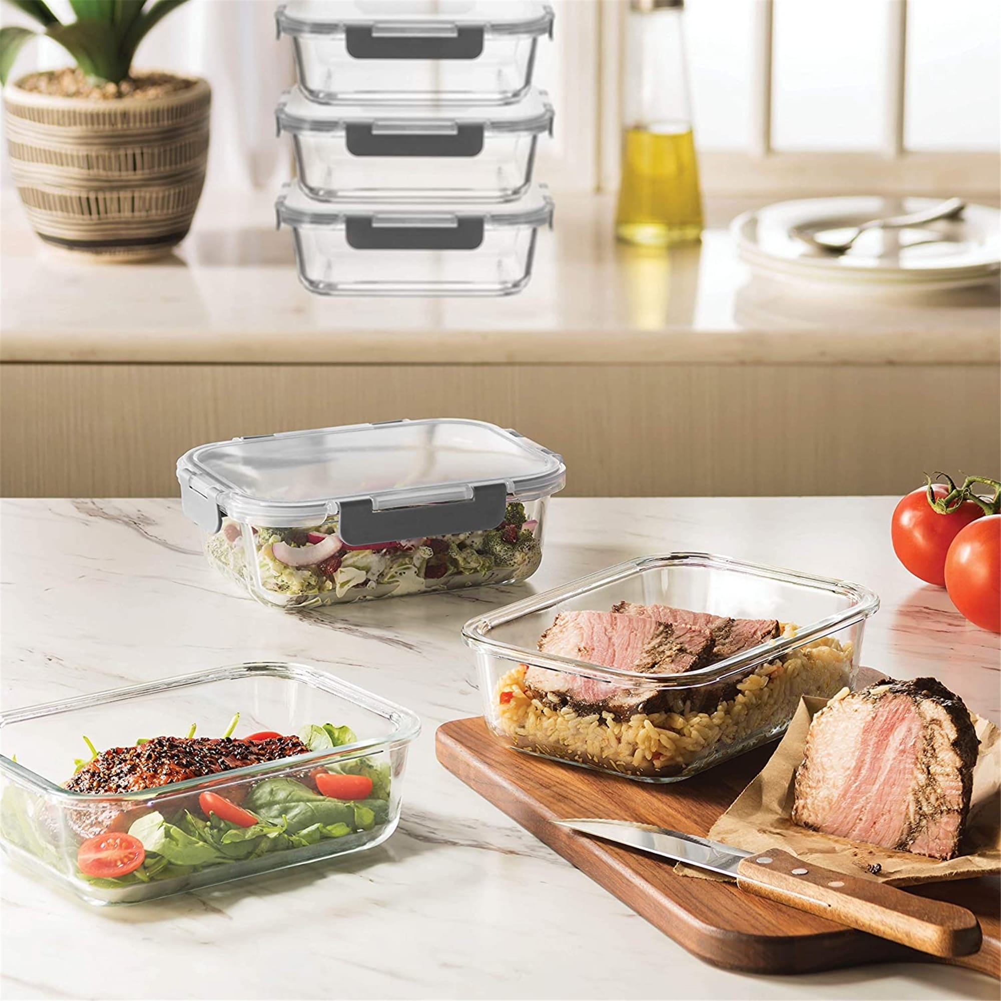 Premium Borosilcate Glass Meal Prep Food Containers with Snap Locking Lids,  8 Piece Set, 8 PC - Foods Co.