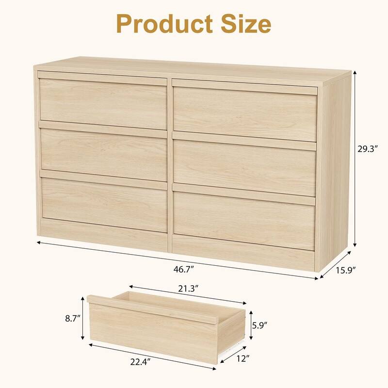 6/7/8 Drawer Dresser for Bedroom, 54" Wide Modern Double Dresser Organizer with Concave Handles - Natural