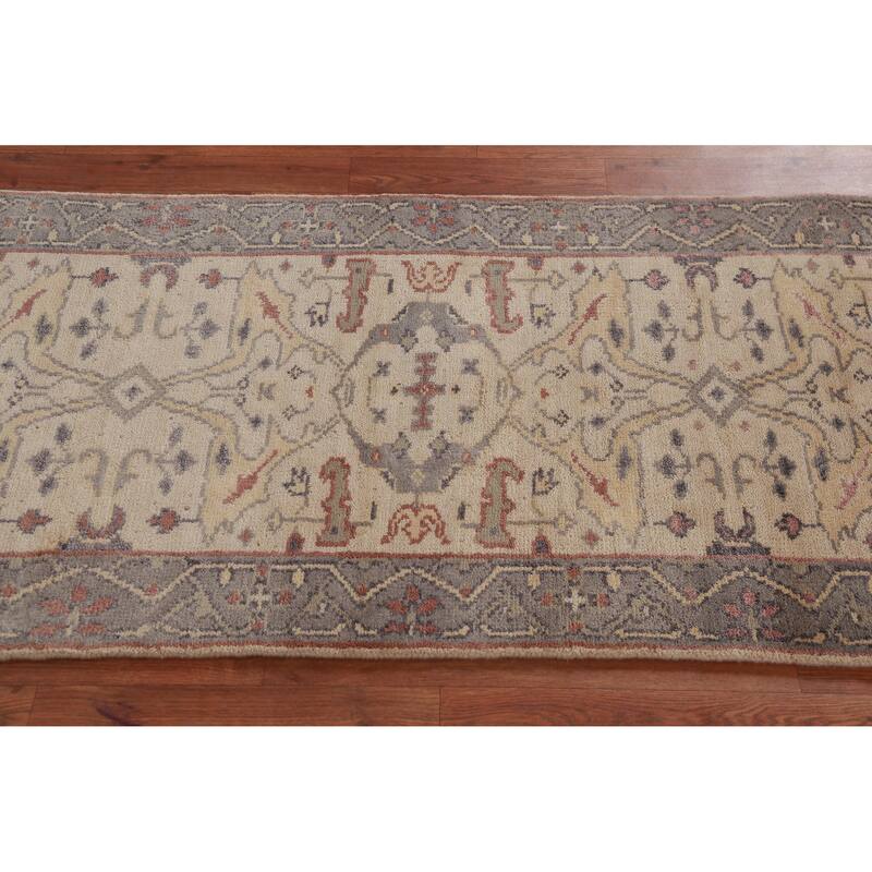 All-Over Beige Oushak Oriental Runner Rug Handmade Wool Carpet - 2'7" x 7'8"