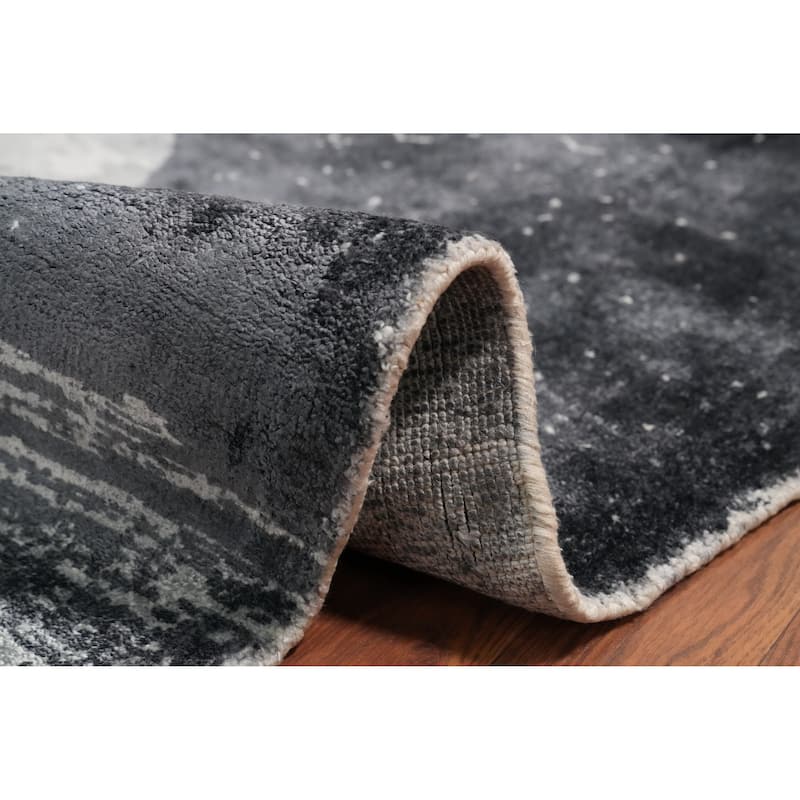 Hand Knotted Oriental Viscose Silk Carpet Modern Pictorial Greys & Charcoal Abstract Area Rug - 7' 5'' X 5' 7''