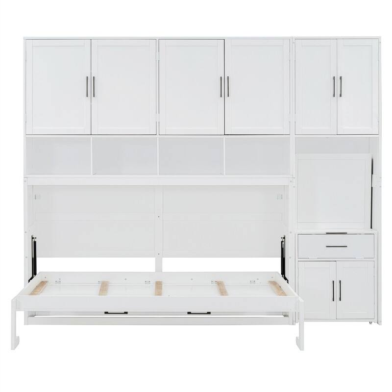 Twin Size Murphy Bed with Closet, Desk and Storage Shelves, Space Saving Design Murphy Bed Cabinet with Open Storage